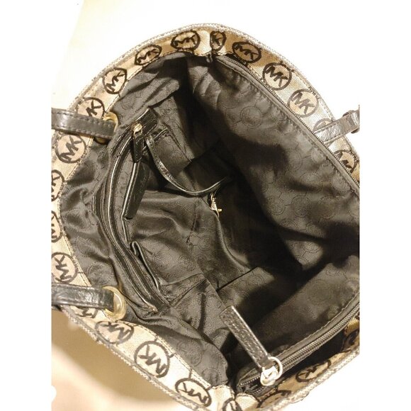 Michael Kors Jet Set Tote Leather and Canvas Black and Tan Logo - Picture 11 of 15